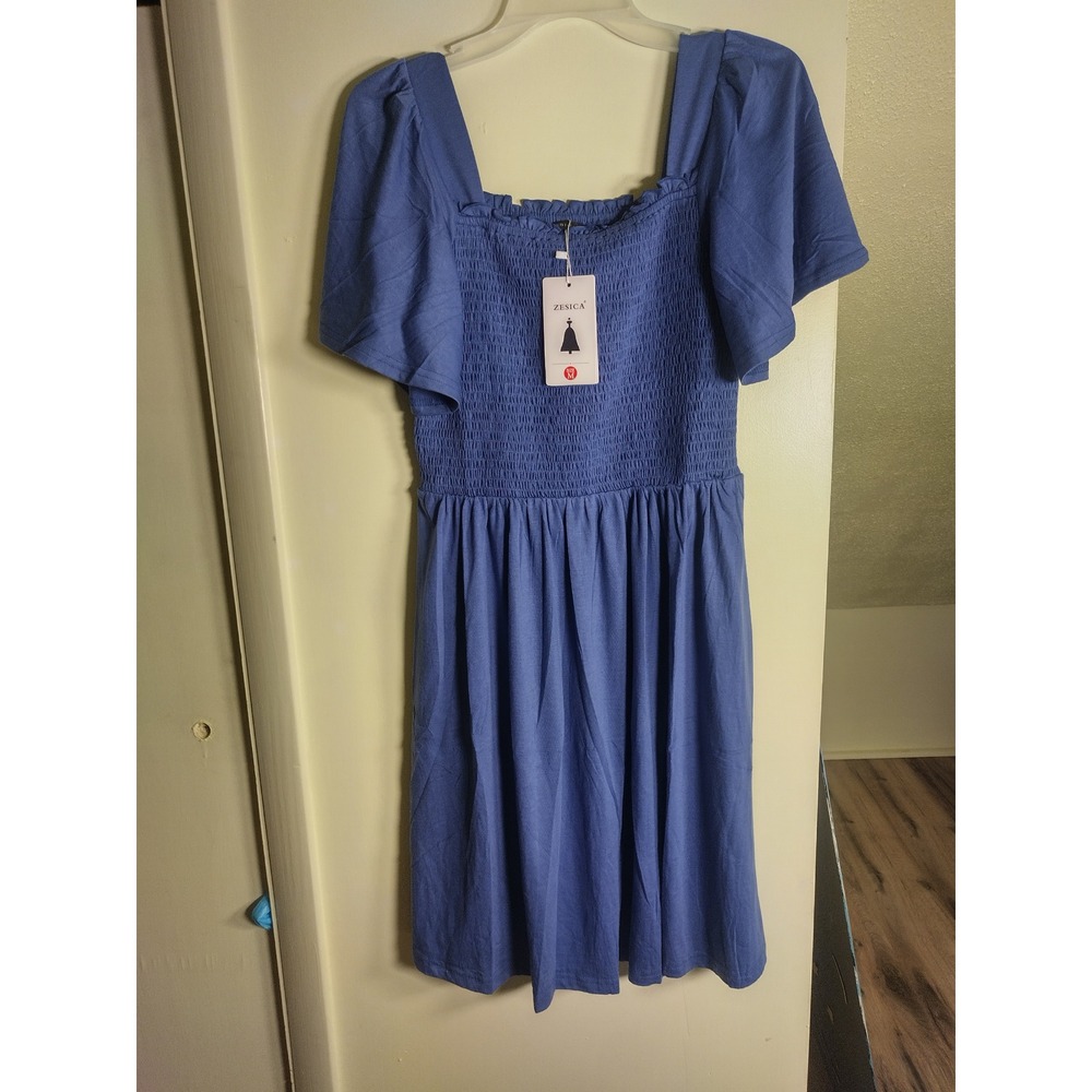 ZESICA Blue Smocked Square Neck Flutter Sleeve A-Line Summer Dress Medium NWT